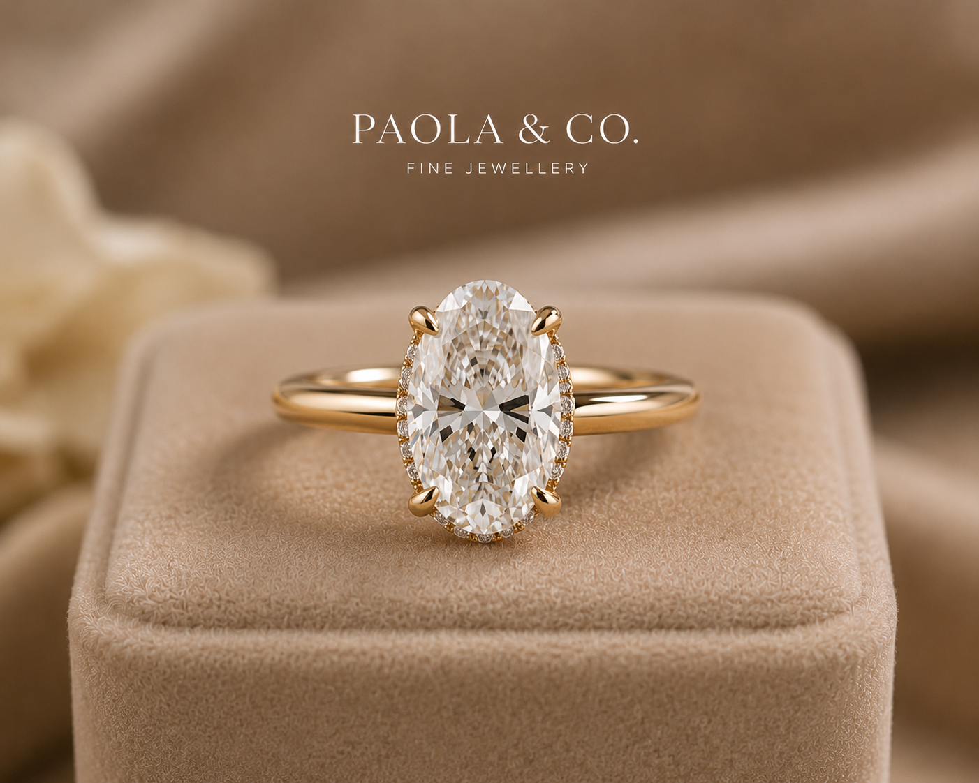 Hidden halo oval lab diamond ring in yellow gold